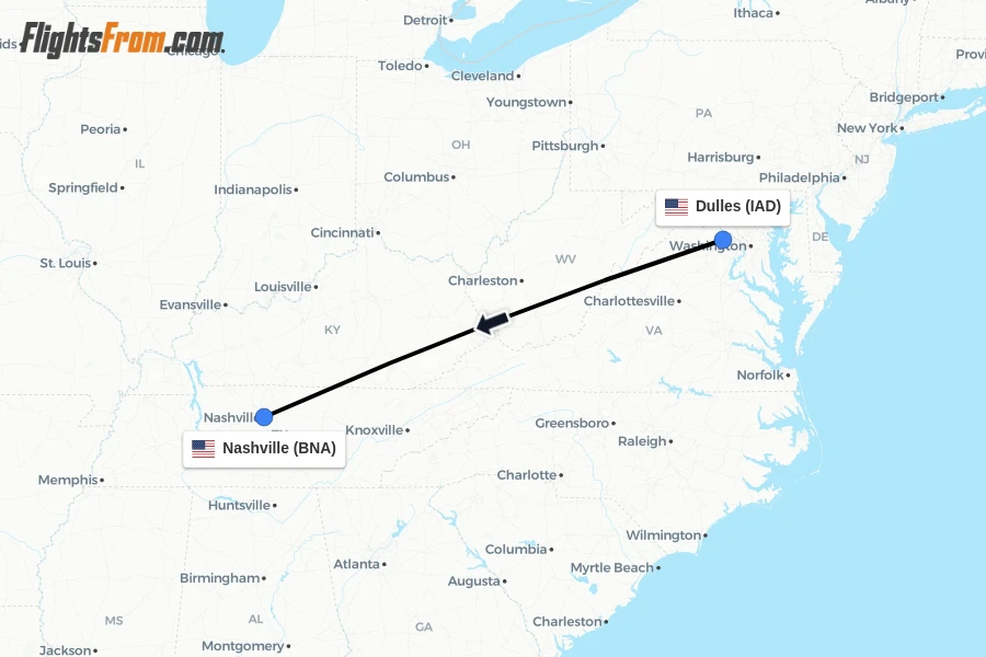 Flights from Dulles to Nashville route map