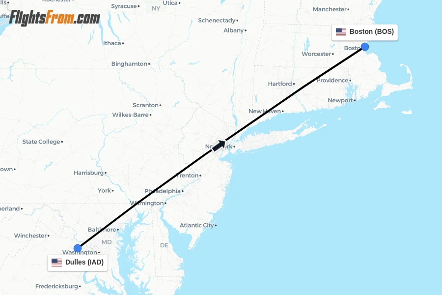 Flights from Dulles to Boston route map