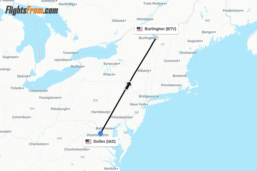 Flights from Dulles to Burlington route map