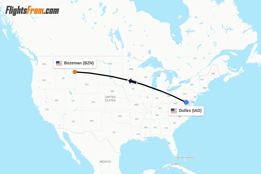 Flights from Dulles to Bozeman route map