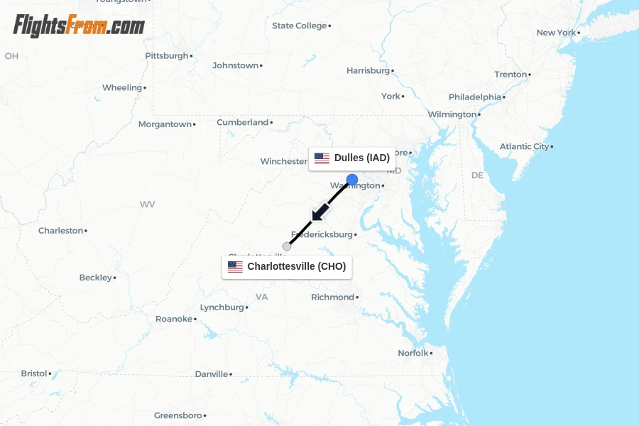 Flights from Dulles to Charlottesville route map
