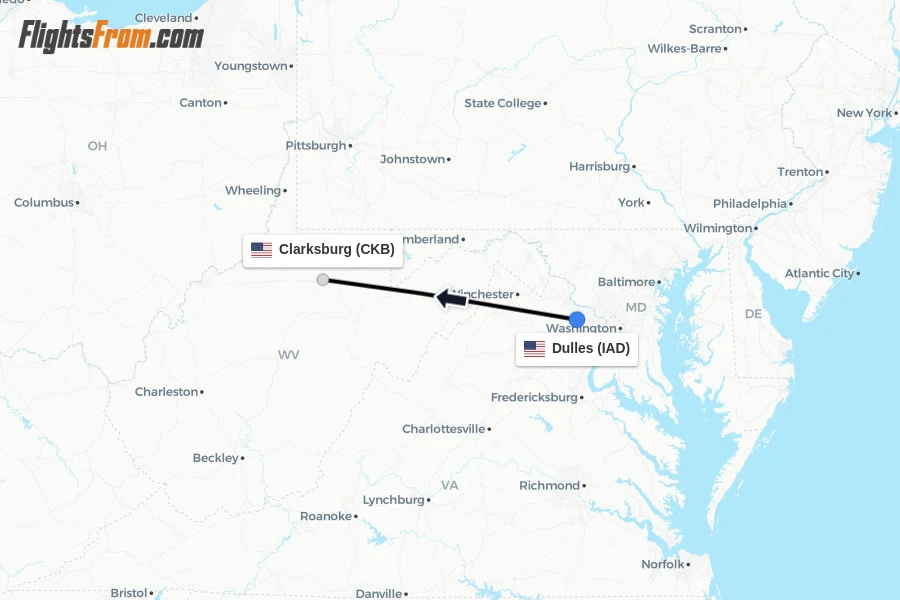 Flights from Dulles to Clarksburg route map