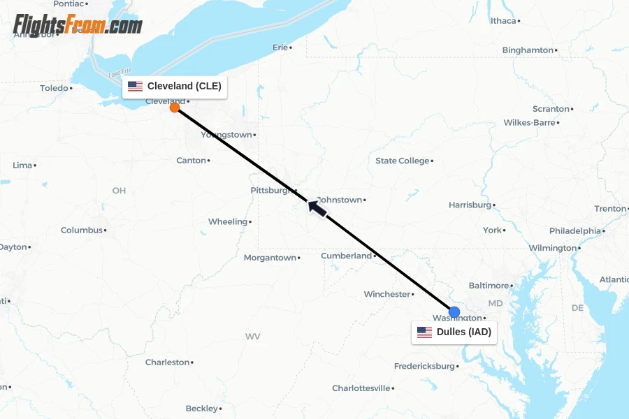 Flights from Dulles to Cleveland route map