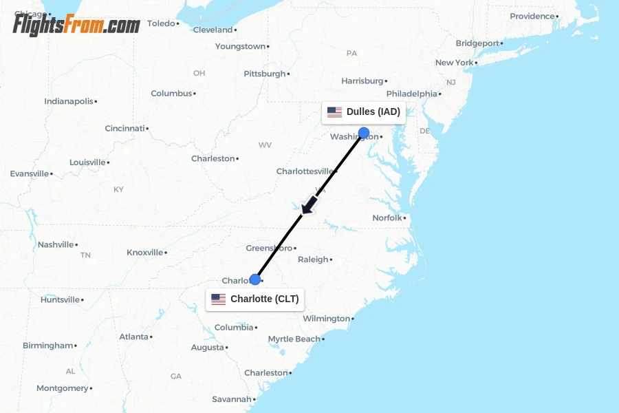 Flights from Dulles to Charlotte route map