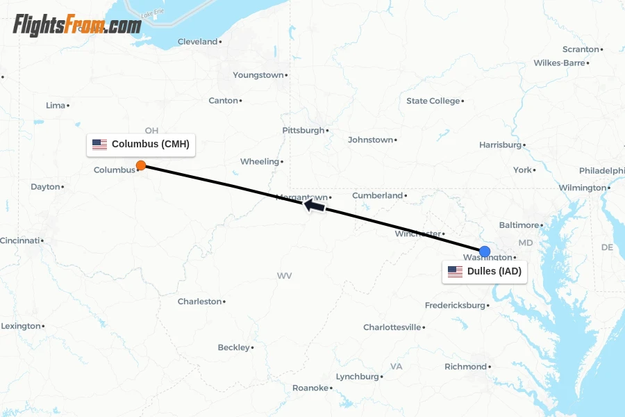 Flights from Dulles to Columbus route map