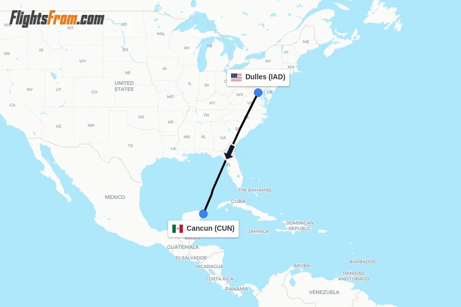 Flights from Dulles to Cancun route map