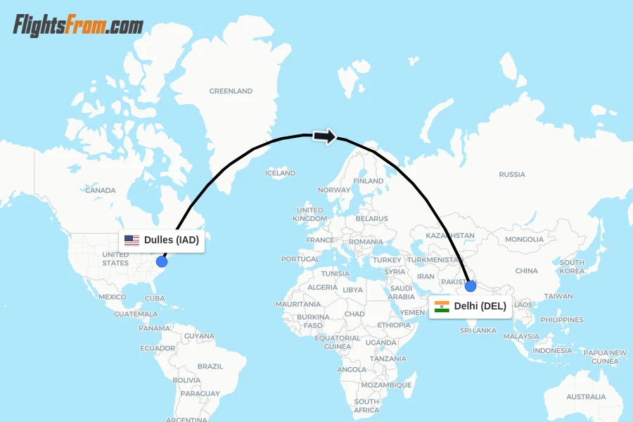 Flights from Dulles to Delhi route map