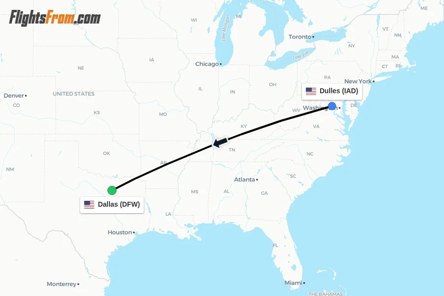 Flights from Dulles to Dallas route map
