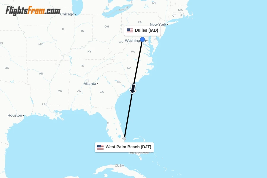 Flights from Dulles to West Palm Beach route map