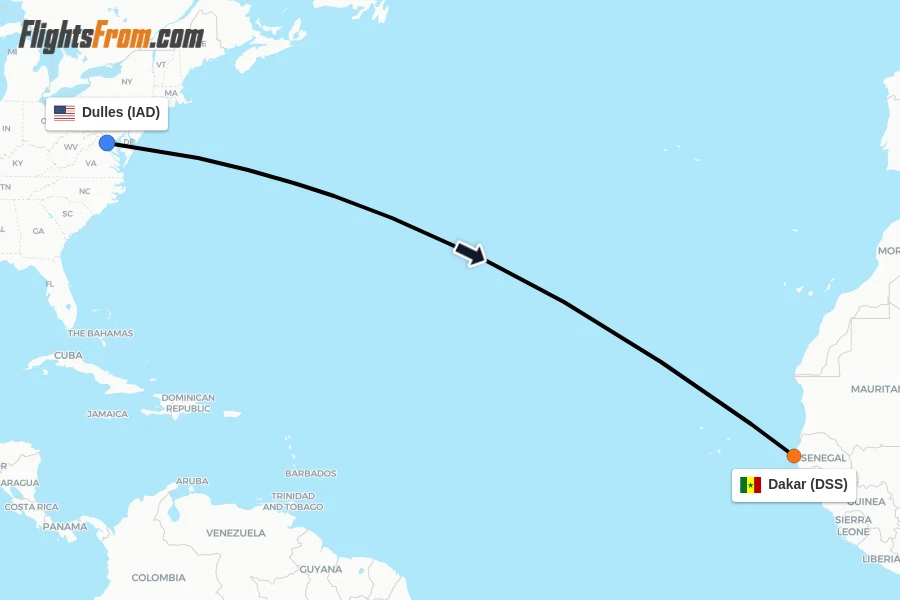 Flights from Dulles to Dakar route map