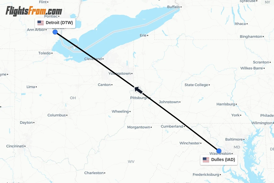 Flights from Dulles to Detroit route map