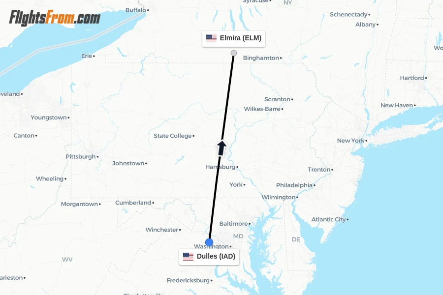 Flights from Dulles to Elmira route map
