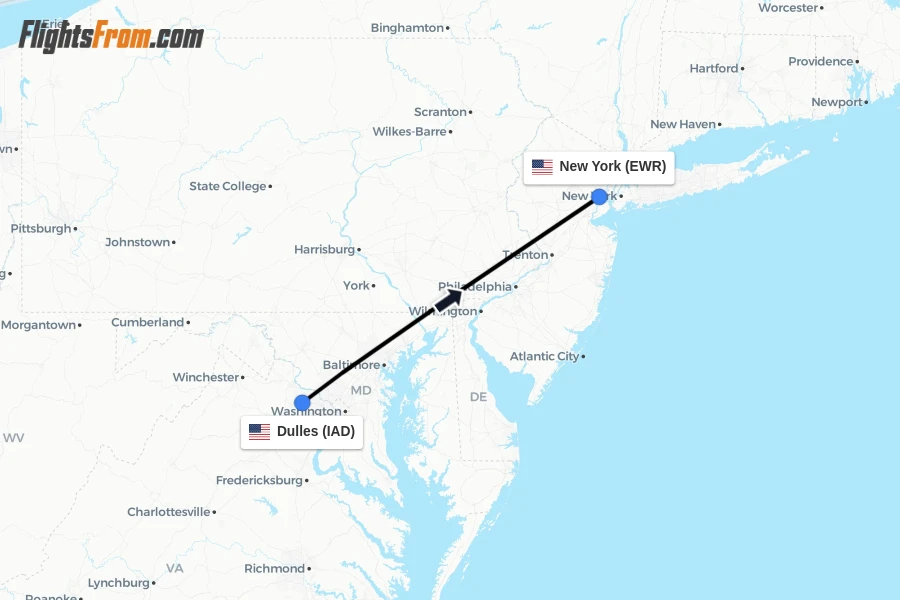 Flights from Dulles to New York route map