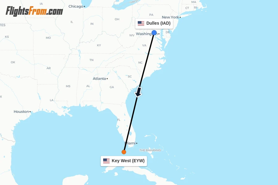 Flights from Dulles to Key West route map