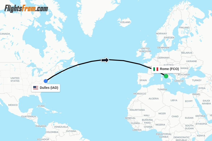 Flights from Dulles to Rome route map