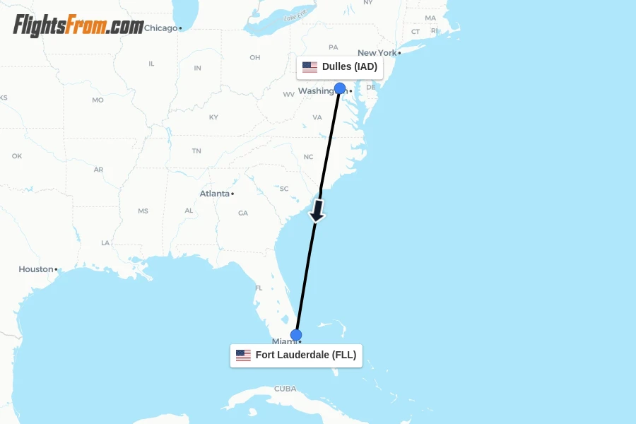 Flights from Dulles to Fort Lauderdale route map