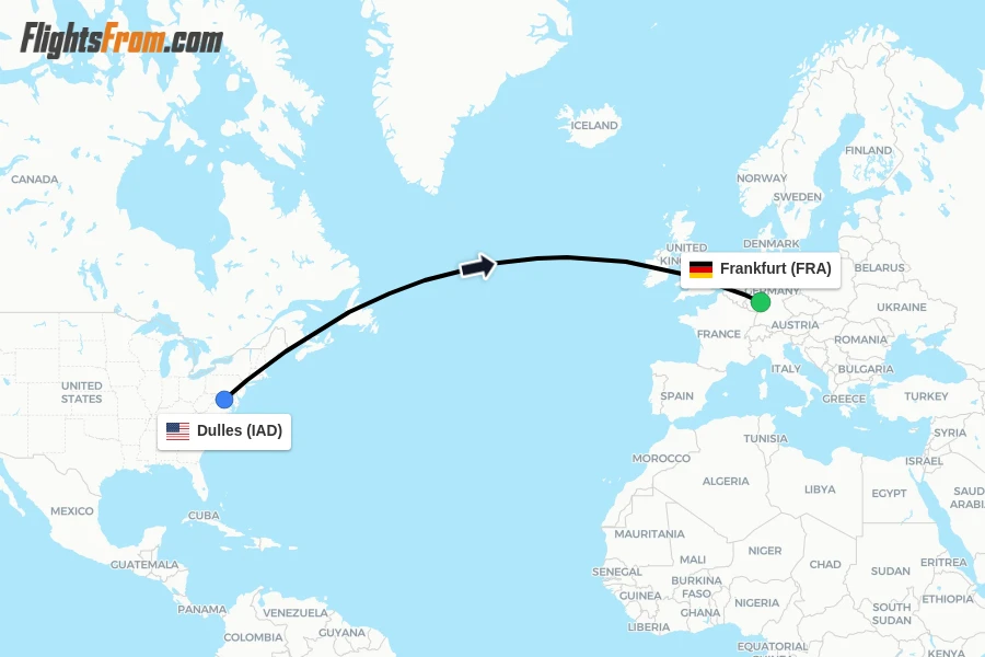 Flights from Dulles to Frankfurt route map