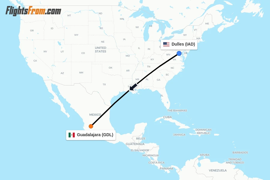 Flights from Dulles to Guadalajara route map