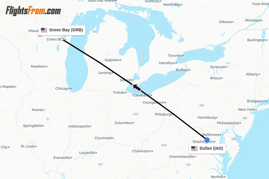 Flights from Dulles to Green Bay route map