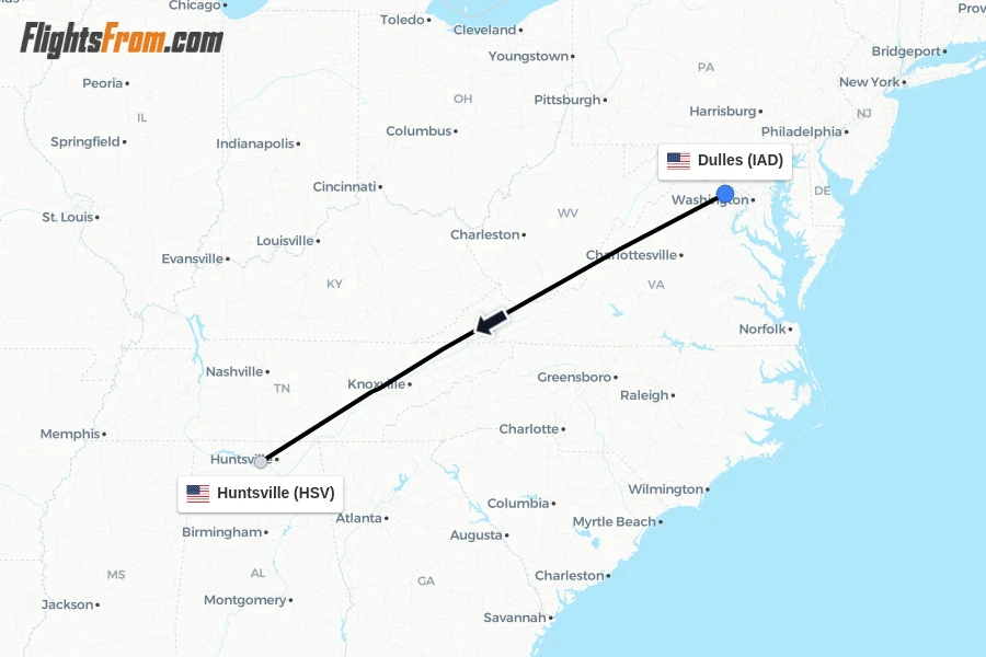 Flights from Dulles to Huntsville route map
