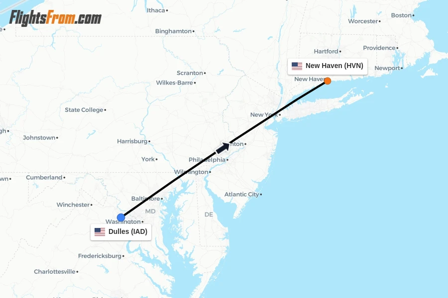 Flights from Dulles to New Haven route map