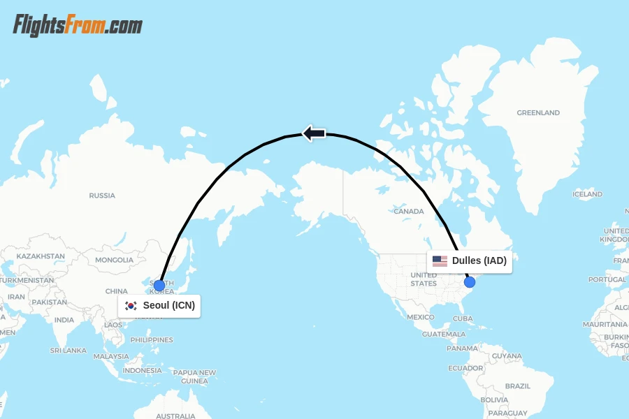 Flights from Dulles to Seoul route map