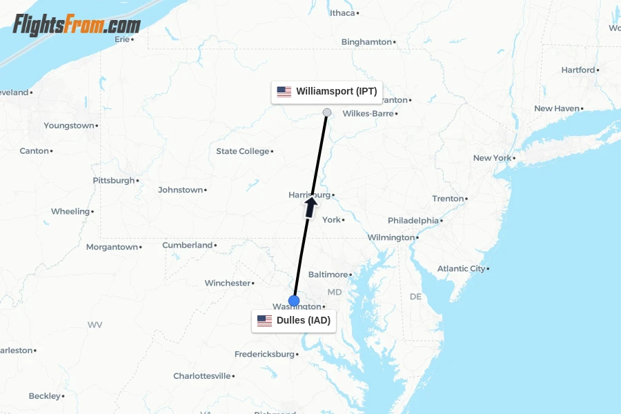 Flights from Dulles to Williamsport route map