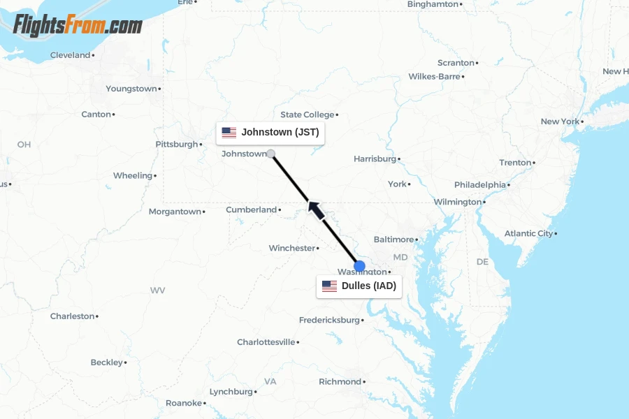 Flights from Dulles to Johnstown route map