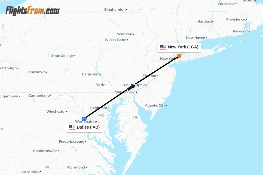 Flights from Dulles to New York route map