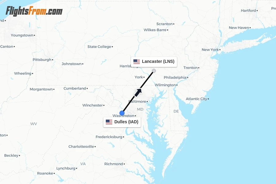 Flights from Dulles to Lancaster route map