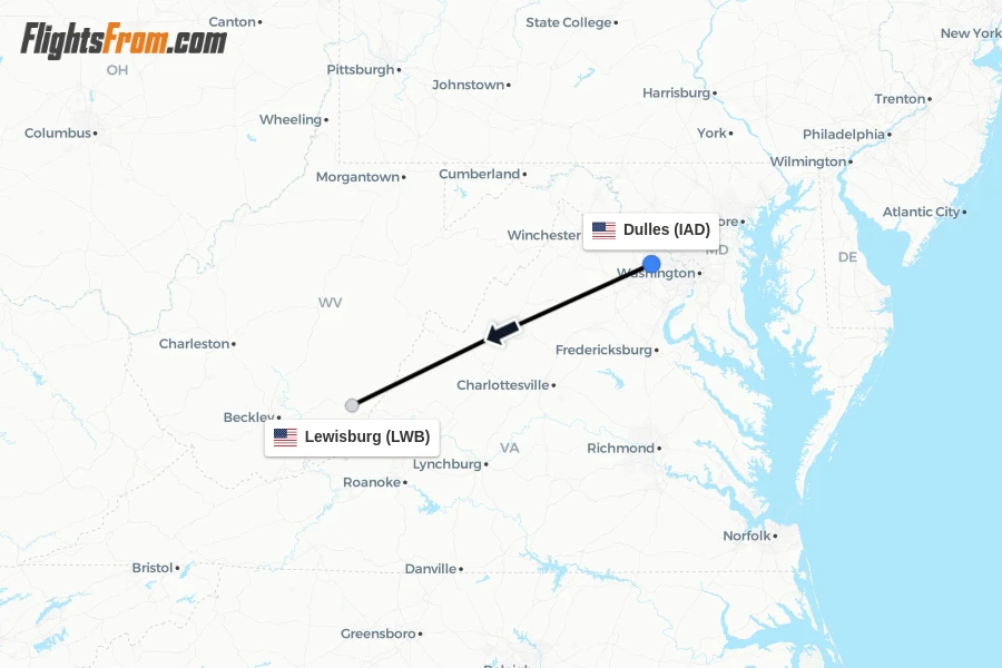 Flights from Dulles to Lewisburg route map