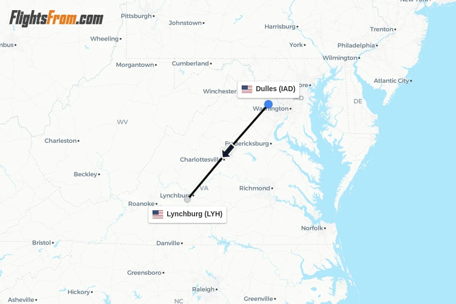 Flights from Dulles to Lynchburg route map