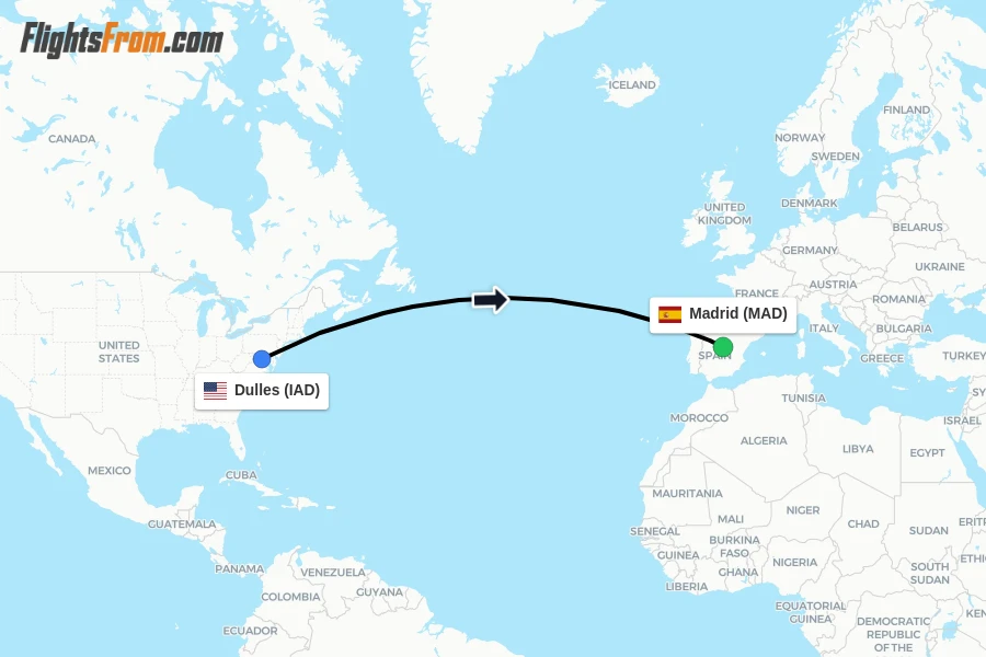 Flights from Dulles to Madrid route map