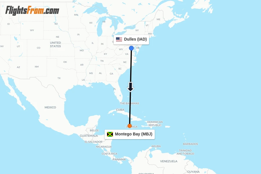 Flights from Dulles to Montego Bay route map