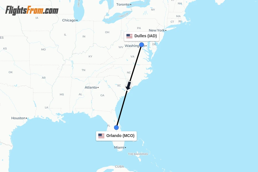 Flights from Dulles to Orlando route map