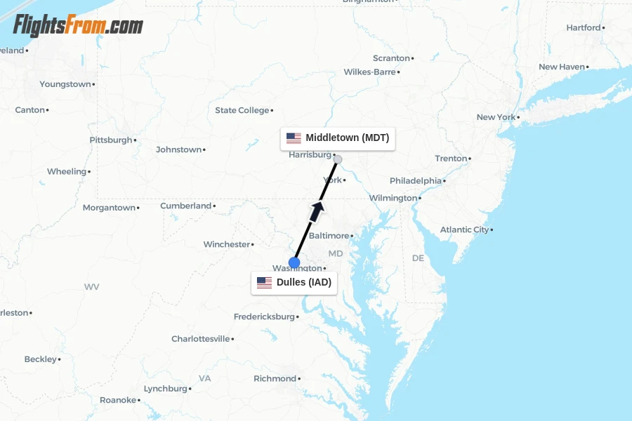Flights from Dulles to Middletown route map