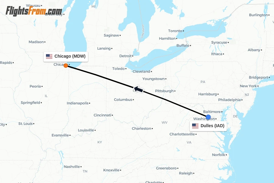 Flights from Dulles to Chicago route map