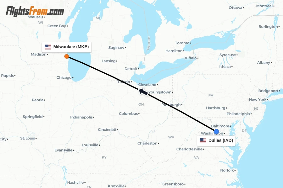 Flights from Dulles to Milwaukee route map