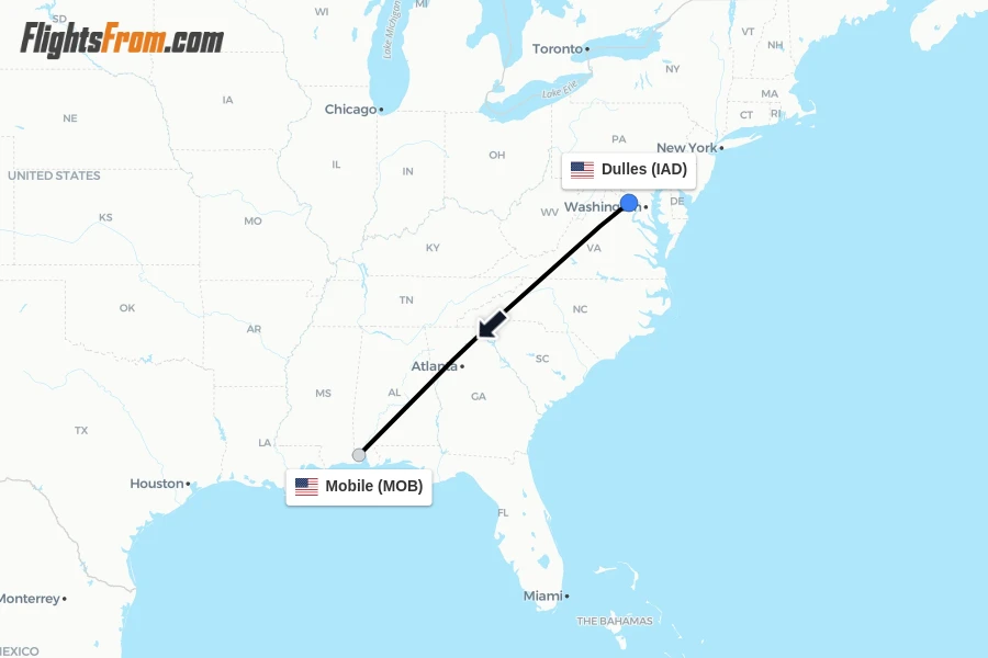 Flights from Dulles to Mobile route map