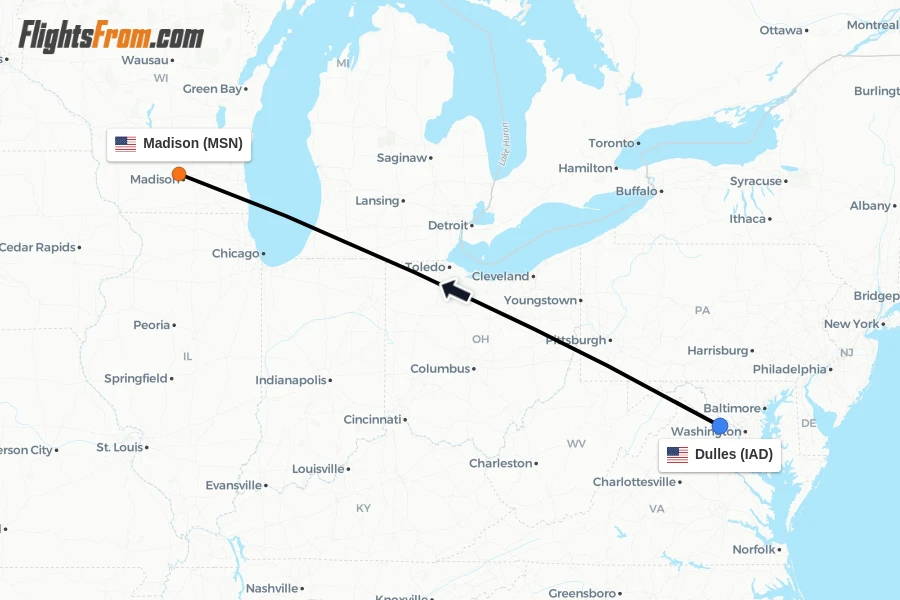 Flights from Dulles to Madison route map