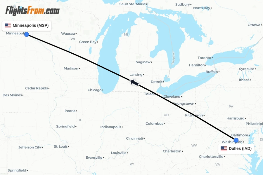 Flights from Dulles to Minneapolis route map