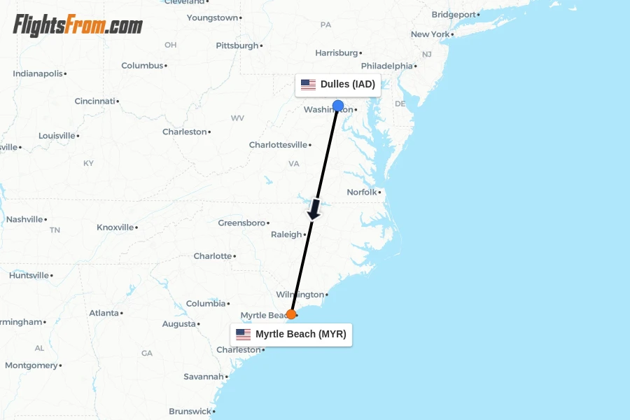 Flights from Dulles to Myrtle Beach route map