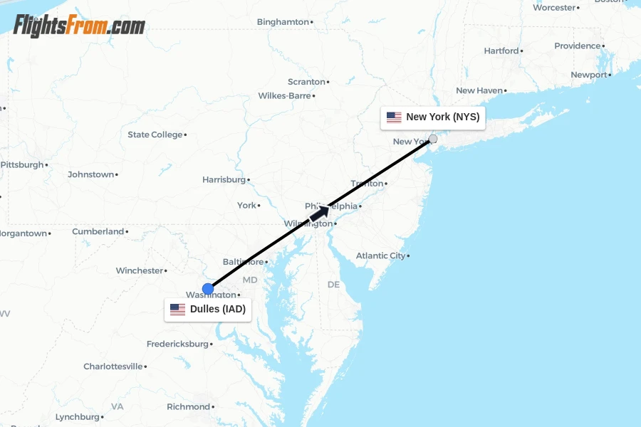 Flights from Dulles to New York route map