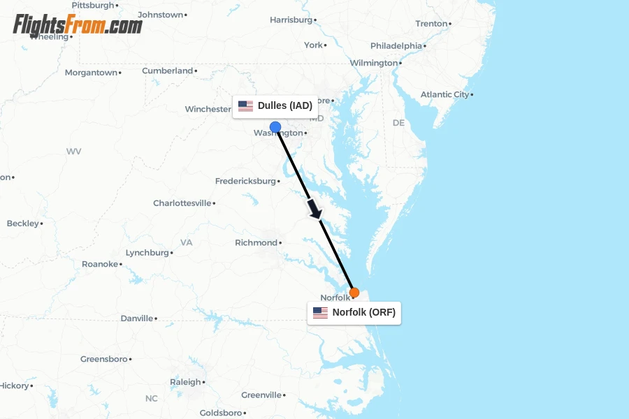 Flights from Dulles to Norfolk route map