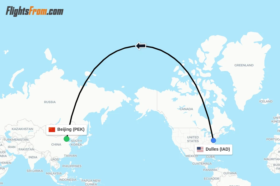 Flights from Dulles to Beijing route map