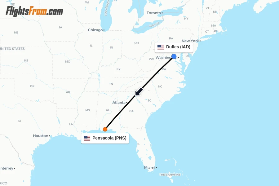 Flights from Dulles to Pensacola route map