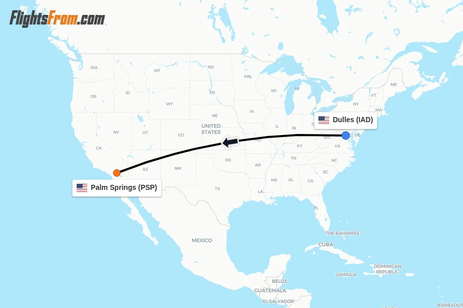 Flights from Dulles to Palm Springs route map