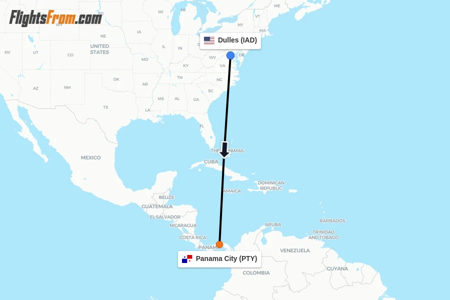 Flights from Dulles to Panama City route map