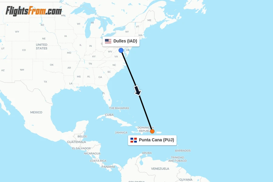 Flights from Dulles to Punta Cana route map