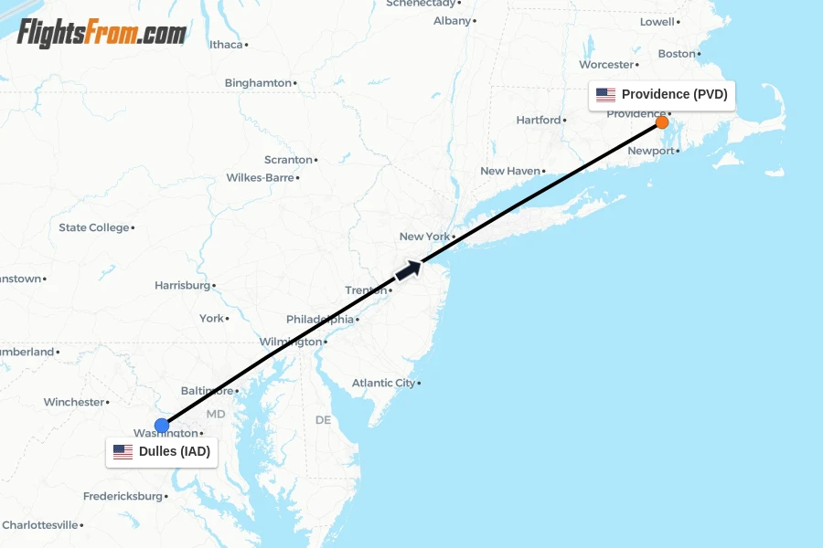 Flights from Dulles to Providence route map